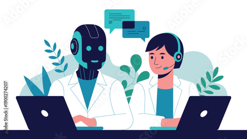 A robot and a human working together on laptops with a natural background
