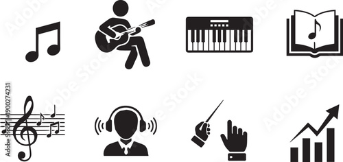 Collection of black music icons on white background, including musical notes, guitar player, keyboard, sheet music, treble clef, DJ with headphones, conductor, and growing graph.