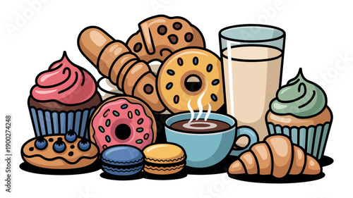 A colorful assortment of baked goods and beverages on a white background