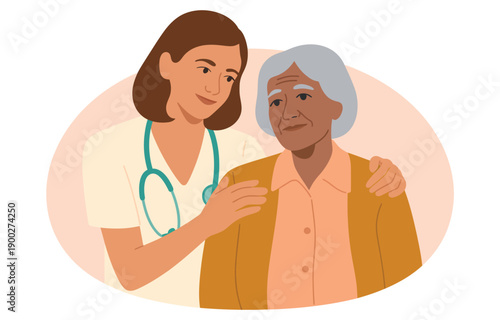 A compassionate nurse supporting an elderly patient with care and kindness in a warm and comforting environment.