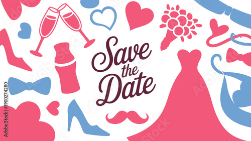 A colorful Save the Date graphic with wedding icons and decorations