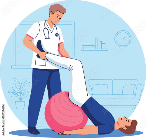 Physiotherapist assisting young man with leg stretching exercises on a fitness ball for active rehabilitation and core wellness