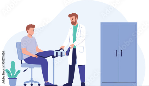 Orthopedic doctor examining patient leg in medical brace during rehabilitation consultation in clinical office flat vector illustration