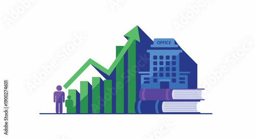 Business growth and career development concept with rising bar chart, office building, and educational books. Professional success and learning illustration.