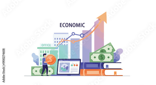 Economic growth and financial success concept with rising charts, money, and a person investing in business development and market trends.
