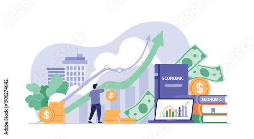 Man investing money for economic growth and financial success, with rising charts, coins, banknotes, and business buildings in the background.