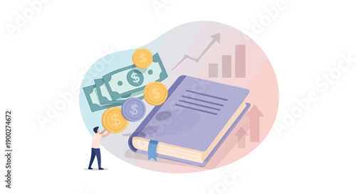 Financial education concept with a person learning about money, investments, and growth from a book, symbolizing wealth management and economic literacy.