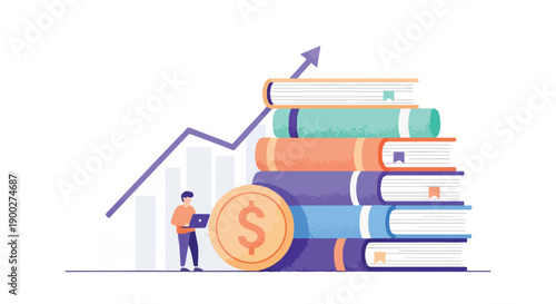 Financial education and investment growth concept. A person studying with a laptop next to a stack of books, a dollar coin, and an upward trend chart.