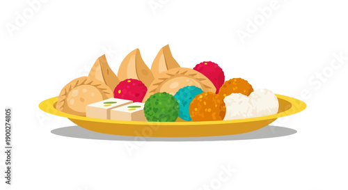 A colorful and delicious assortment of Indian sweets and snacks, including samosas, ladoos, and barfi, artfully arranged on a golden platter for a festive celebration