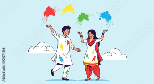 A Celebration of Colors People Joyfully Playing with Holi Powder Under a Cloudy Sky