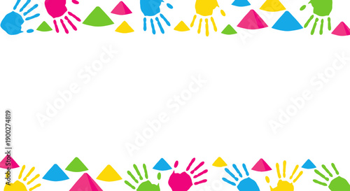 Colorful handprints and triangles border on a white background, perfect for children's art or festive invitations