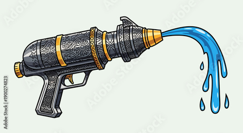 Retro Water Gun Spraying Blue Water - Vintage Toy Fountain Illustration