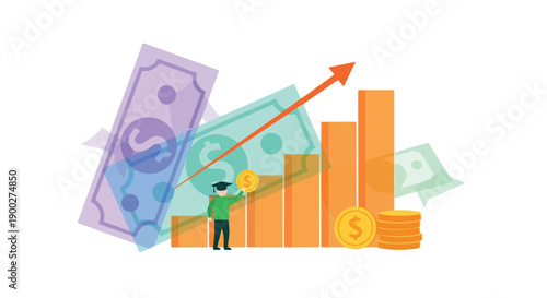 Financial growth concept with rising bar chart, money, coins, and a person celebrating success