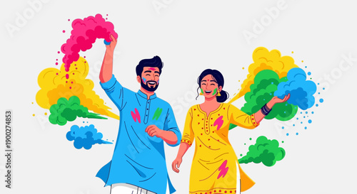 Vibrant Holi Celebration A Couple Joyfully Plays with Colors, Embracing Tradition and Festivity