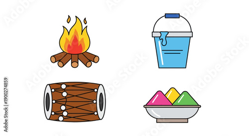 Set of colorful flat icons depicting symbols of festival celebration including bonfire, drum, paint bucket and bowl of Holi colors