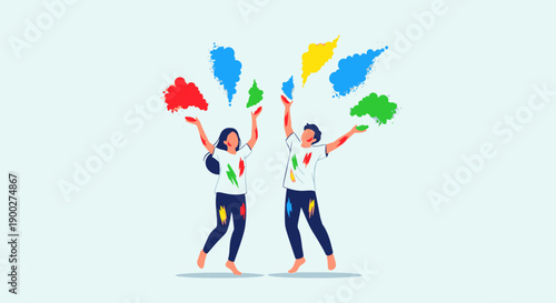 Vibrant Holi celebration illustration featuring two joyful individuals throwing colorful powders into the air