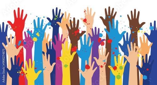 Diverse hands raised in a colorful celebration of unity and inclusivity, representing teamwork and community spirit