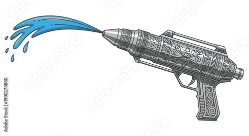 A detailed line drawing of a toy water pistol spraying a stream of blue water, perfect for summer fun and outdoor play