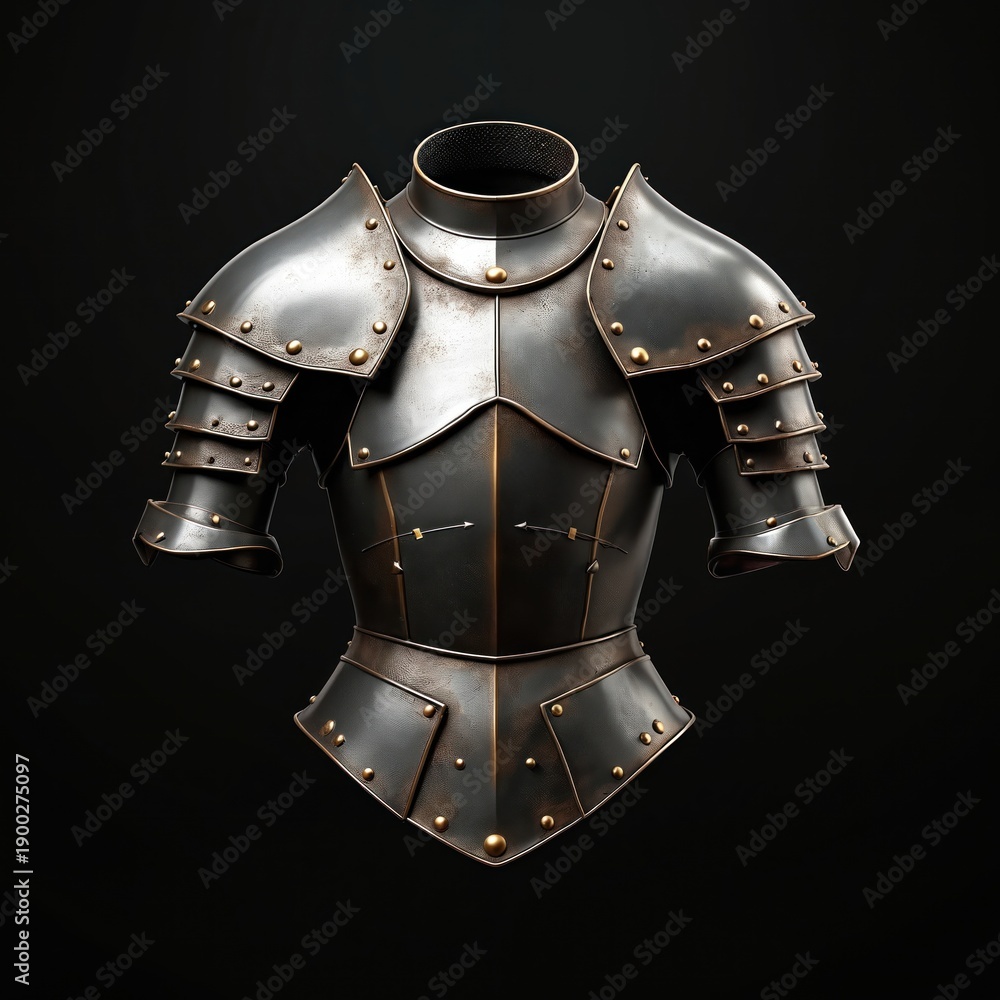 Naklejka premium Full metal torso plate armor with layered pauldrons, gorget. Knightly protection features polished steel segments, brass rivets. Represents medieval combat gear for historical reenactments, fantasy