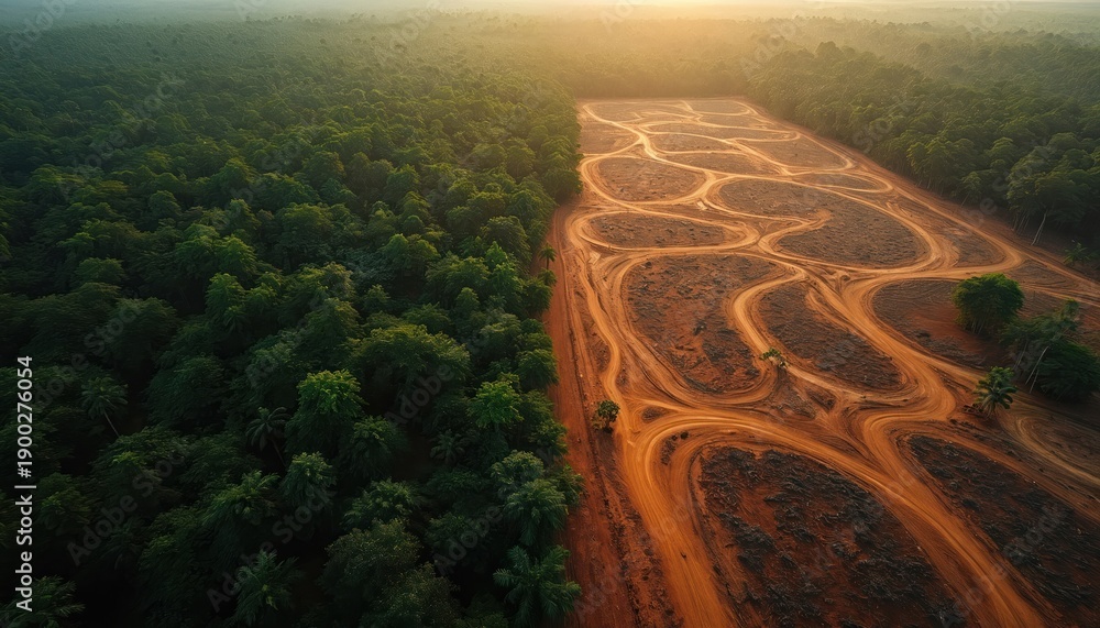 Obraz premium Aerial view shows forest edge next to cleared land with winding dirt roads. Deforestation barren ground, contrasting with rich green trees under warm sunset light. Nature destruction evident.