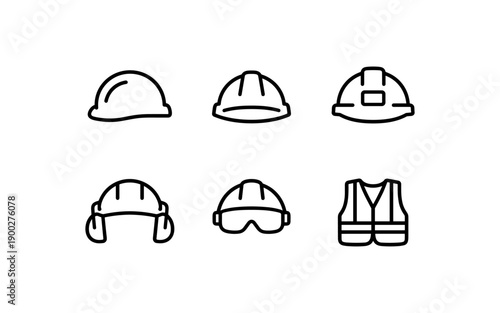 Collection of safety equipment icons including hard hats, goggles, and vests
