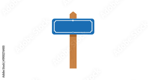 Blank blue rectangular sign mounted on a sturdy wooden post, ready for custom text or information, isolated element.