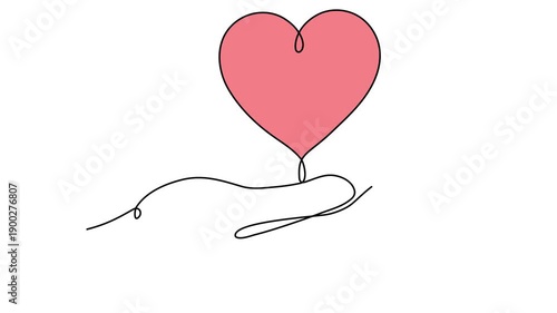 Continuous line drawing hand holding red heart animation video. Charity donation linear concept animation.