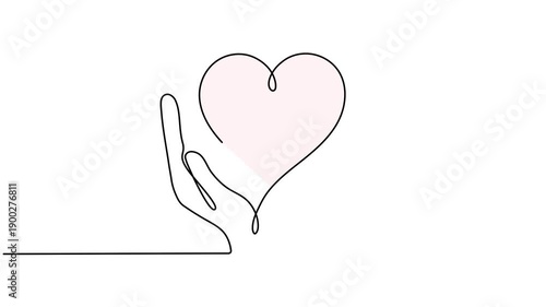 Continuous line drawing hands holding red heart animation video. Charity donation linear concept animation.