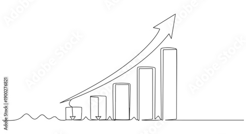 One Line Art Continuous Drawing of a Growing Business Bar Chart with Upward Arrow, Representing Success and Financial Progress
