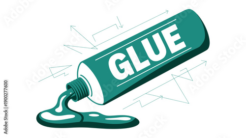 A tube of green glue with the word 'glue' on it, spilling out onto a white surface