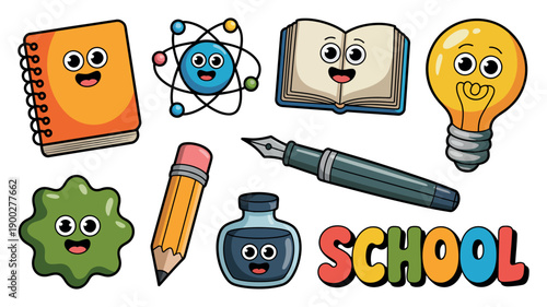 A colorful cartoon illustration of various school supplies and objects with smiling faces on a white background.
