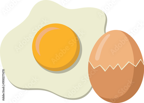 A cartoon illustration of a fried egg and a cracked egg on a white background