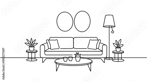 A minimalist living room with a couch, coffee table, and plants in a simple line drawing style