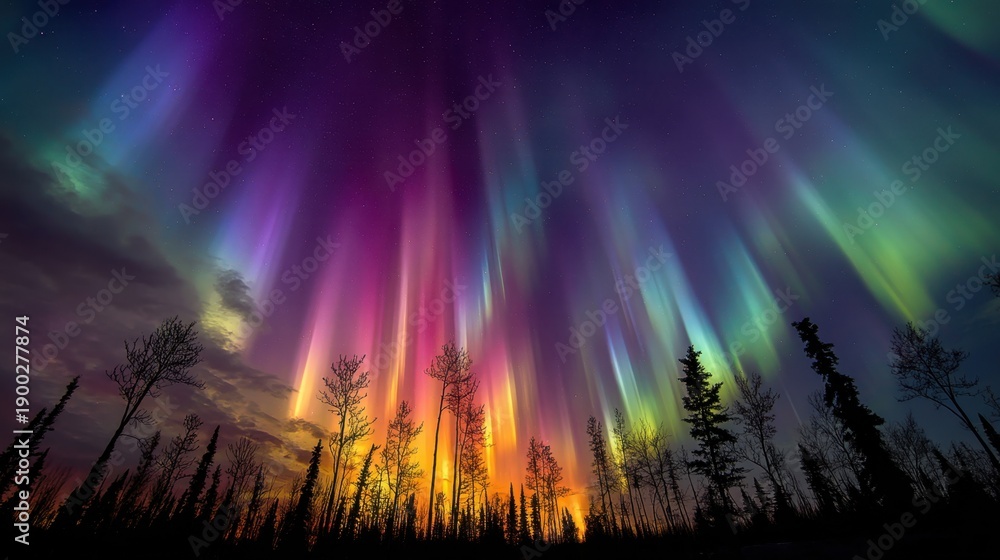 Naklejka premium Spectacular northern lights display over forest at night.