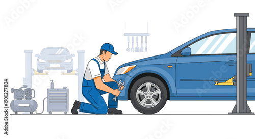 Skilled mechanic in blue overalls repairing a car with a wrench in a professional auto service garage, focused work.