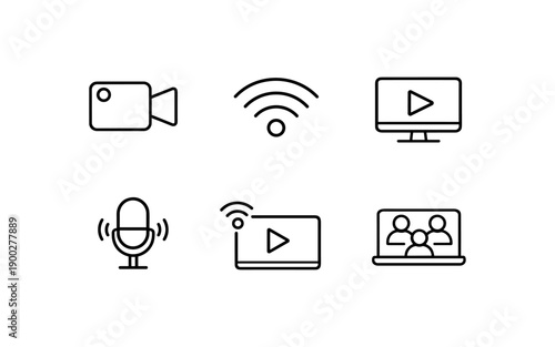Collection of modern line icons representing digital communication and media streaming services