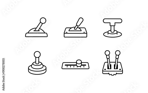 Collection of six different lever and joystick control icons in a simple line art style