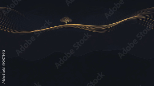 Lines and patterns in dark background show a tree standing tall above the landscape with flowing curves representing wind and nature during a calm night