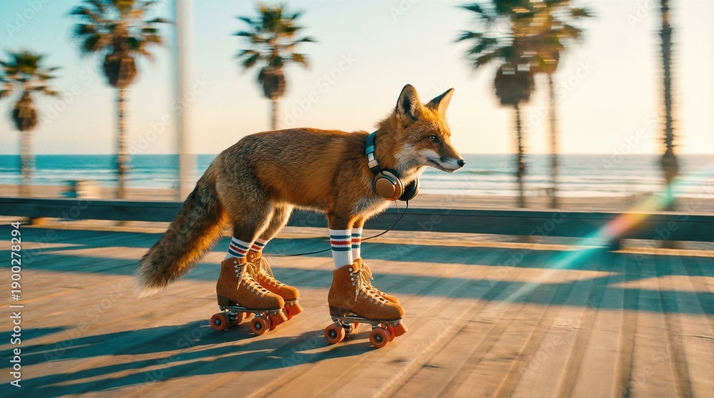 Fototapeta premium Fox wearing headphones and roller skates on a boardwalk with palm trees and ocean in the background. Summer travel and holiday concept for leisure and fun.