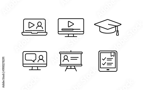 Collection of modern line icons representing online education and learning concepts