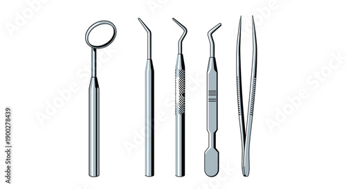 Collection of professional metal dental instruments, including mirror, probes, and tweezers, for oral examination.
