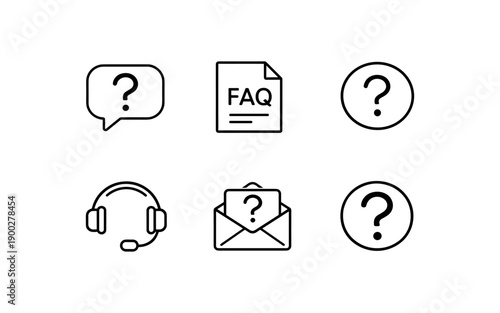Collection of icons representing customer support, questions, and frequently asked questions