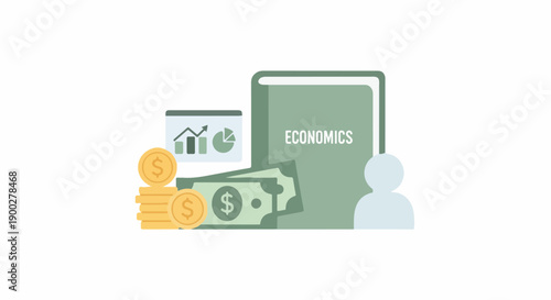 Comprehensive economics study illustration featuring cash, gold coins, data analysis charts, and a textbook, depicting financial learning and growth.