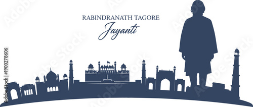 Rabindranath Tagore Jayanti commemorative illustration with poet silhouette and famous India landmark skyline for Bengali cultural festival banner
