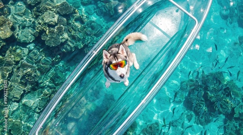 Husky dog wearing colorful sunglasses sitting in a clear transparent kayak on calm turquoise sea water with corals. Summer travel concept.