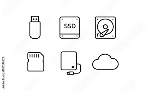 Collection of digital storage icons including USB drive, SSD, HDD, SD card, external drive, and cloud