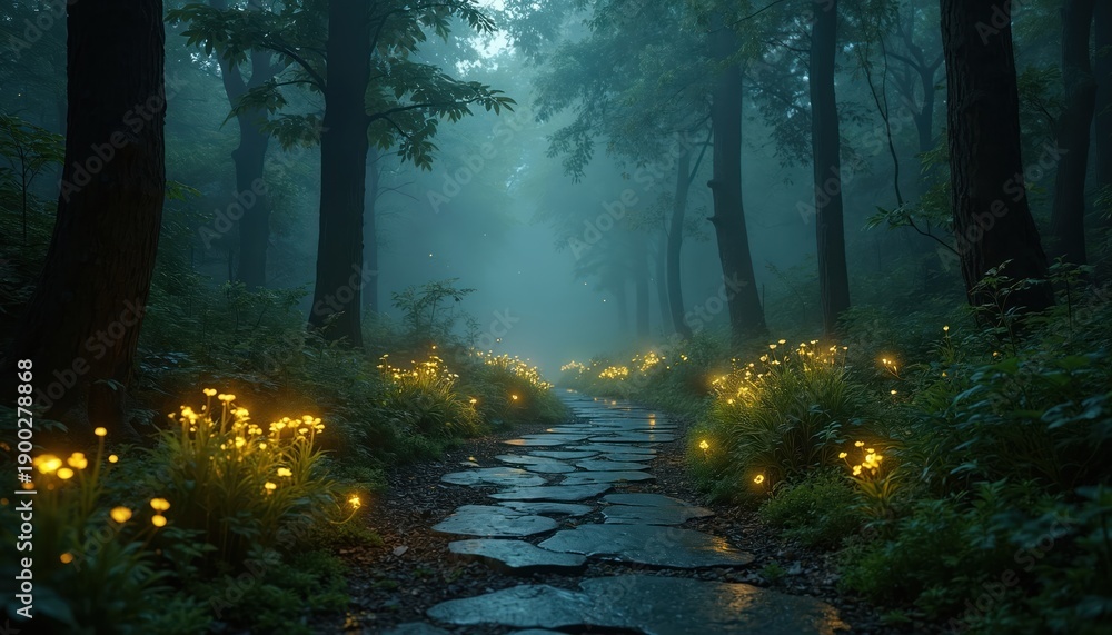 Obraz premium Stone path through misty forest at night. Glowing yellow flowers line the trail, illuminating the dark woods. Mysterious, magical scene evokes wonder and fantasy.