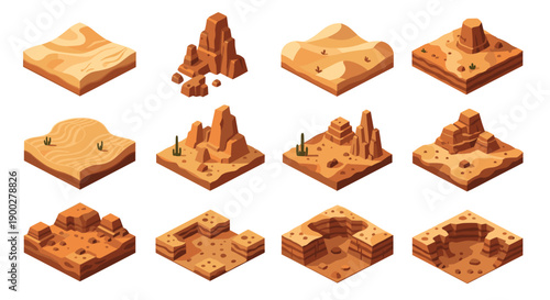 Twelve distinct isometric desert blocks showcasing dunes, rocks, and craters, representing arid environments.