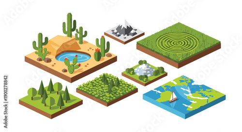 Diverse isometric landscape blocks featuring desert, mountain, forest, and ocean scenes, representing varied
