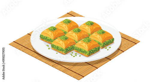 Six pieces of traditional baklava with green pistachios on a white plate, resting on a bamboo mat, sweet treat.